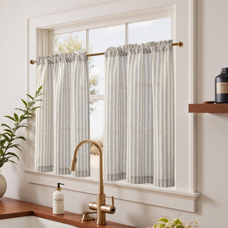jinchan Striped Linen Kitchen Curtains 36 Inches Tier Curtains Farmhouse Modern Cafe Style Small Window Treatments Airy Light Filtering Rod Pocket for Living Room Bathroom 2 Panels Taupe Grey - Image 2